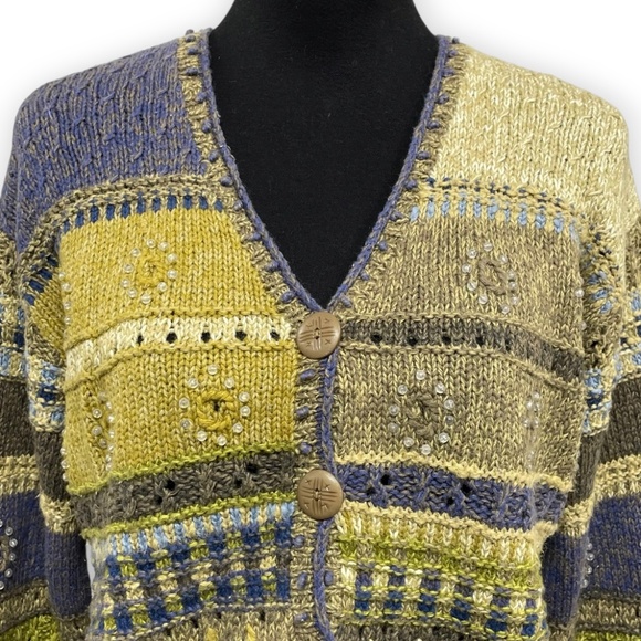 Sigrid Olsen Vintage 90s Hand Knit Cardigan Size L Button Front Beaded Sweater - Picture 4 of 12